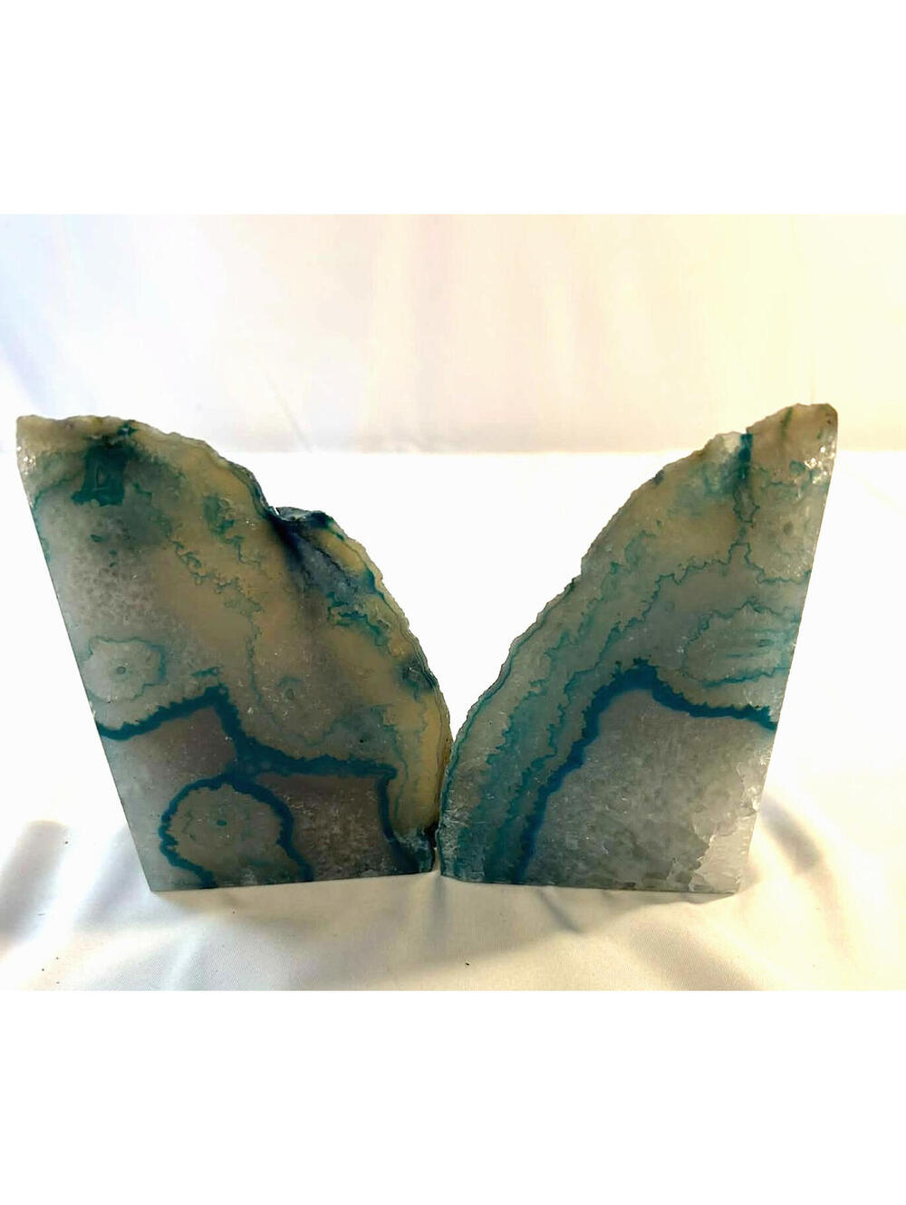 Natural Agate Stone Bookends Teal Blue Polished Crystal Geode Pair